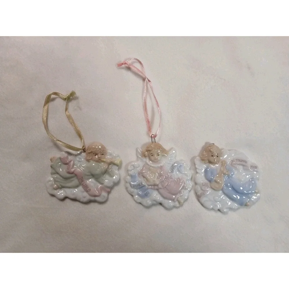 1996 Vintage H.O.L. 3 Ceramic Angel Ornaments Joy To The World Peace On Earth‎